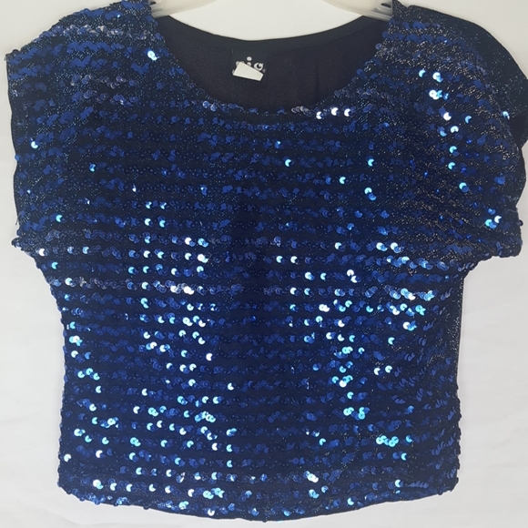 Rio Sequin Metallic Blouse Crop Top Blue S/M - Picture 1 of 4